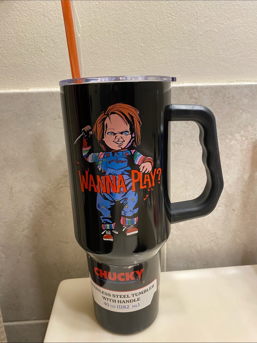 Chucky Black Stainless Steel Tumbler with Handle - Wanna Play? NWOT